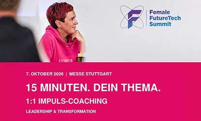 Nadine Pötz bietet beim Female FutureTech Summit 2026 ein 15-minütiges 1:1 Impuls-Coaching zu Leadership und Transformation an.