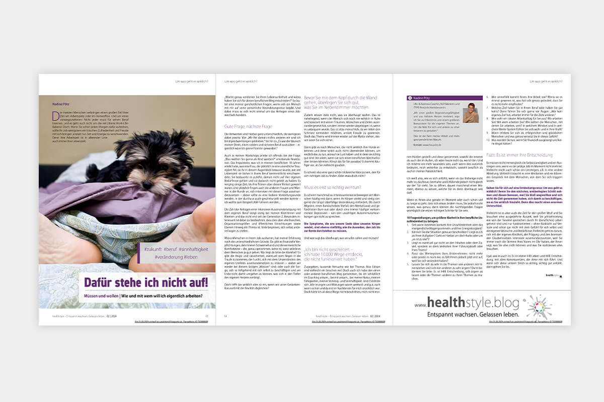 Magazinbeitrag „Dafür stehe ich nicht auf!“ von Nadine Pötz im healthstyle Magazin 2024.